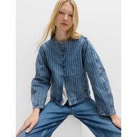 M&S Denim Striped Collarless Jacket Medium Indigo