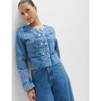 M&S Denim Collarless Double-Breasted Cropped Jacket Medium Indigo
