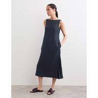 JAEGER Pure Linen Slash Neck Midi Column Dress Navy