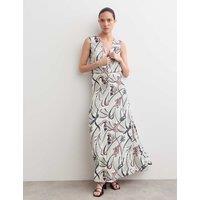 JAEGER Pure Silk Floral V-Neck Maxi Column Dress Ivory Mix