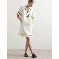 JAEGER Pure Linen Relaxed V-Neck Knee Length Dress Ivory Mix