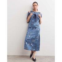 JAEGER Sea Print Slash Neck Midi Column Dress Blue Mix
