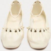 M&S Ankle Tie Up Bead Detail Flat Ballet Pumps Soft White