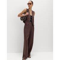 M&S Linen Blend Pinstripe Relaxed Straight Trousers Chocolate Mix