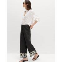 M&S Modal Rich Embroidered Straight Leg Trousers Black Mix