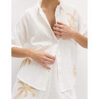 M&S Cotton Rich Embroidered Short Sleeve Beach Shirt Soft White