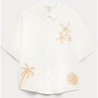 M&S Cotton Rich Embroidered Short Sleeve Beach Shirt Soft White