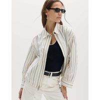 M&S Pure Cotton Striped Zip Through Shirt Jacket Ivory Mix