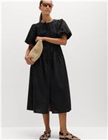 M&S Pure Cotton Puff Sleeve Midi Waisted Dress Black