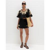 M&S Cotton Rich Palm Embroidered Beach Shorts Black Mix