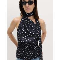M&S Satin Scarf Detail Shirred Top Black Mix