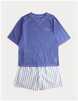 M&S Graphic Striped Short Pyjamas (6-16 Yrs) Blue