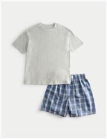 M&S Pure Cotton Checked Short Pyjamas (6-16 Yrs) Blue