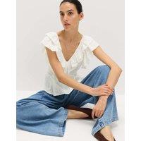 M&S Embroidered Frill Detail Top Soft White