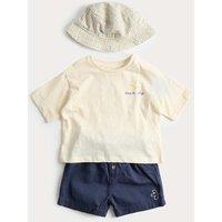 M&S 3 Piece Pure Cotton Outfit with Hat (0-5 Yrs) Ecru Mix