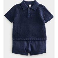 M&S 2 Piece Knitted Polo Shirt and Chino Shorts (0-5 Yrs) Navy