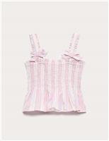 M&S Pure Cotton Shirred Bow Top (6-16 Yrs) Pink Mix