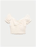M&S Pure Cotton Broderie Top (6-16 Yrs) Blue