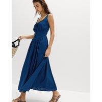 M&S Linen Rich Round Neck Strappy Midi Swing Dress Dark Marine