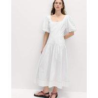 M&S Pure Cotton Drop Waist Midi Waisted Dress White