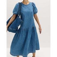M&S Denim Puff Sleeve Midi Drop Waist Dress Denim