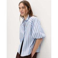 M&S Pure Cotton Striped Puff Sleeve Shirt Brown Mix