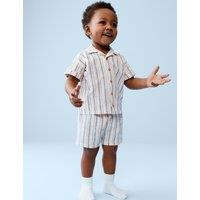 M&S Pure Cotton Striped Top & Bottom Outfit (0-5 Yrs) Blue Mix