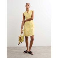 JAEGER Cotton Blend V-Neck Knee Length Shift Dress Yellow