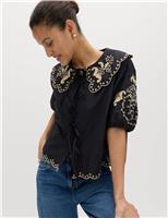 Pure Cotton Embroidered Collared Blouse