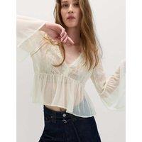 M&S V-Neck Lace Flute Sleeve Top Ivory