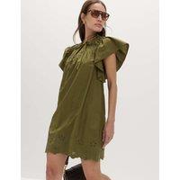 M&S Pure Cotton Embroidered Mini Smock Dress Dark Green