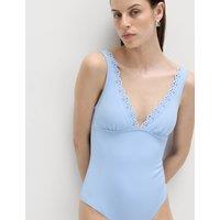 M&S Sculpt Broderie Trim Plunge Swimsuit Bluebell