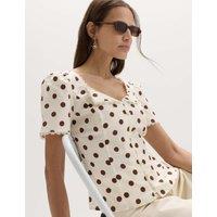 M&S Polka Dot Lace Detail Button Through Top Ivory Mix