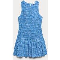 M&S Pure Cotton Drop-Waist Checked Mini Dress (6-16 Yrs) Blue Mix