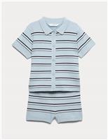 M&S 2 Piece Striped Button Top & Short Outfit (2-16 Yrs) Light Blue Mix