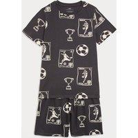 M&S Pure Cotton Football Print Short Pyjamas (1-16 Yrs) Charcoal