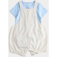 M&S 2 Piece Pure Cotton Checked Bibshort Outfit (0-3 Yrs) Blue Mix