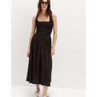 M&S Checked Shirred Bodice Midi Skater Dress Brown Mix