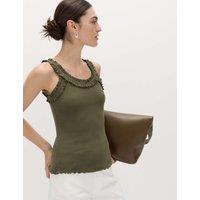 M&S Cotton Rich Frill Strap Vest Dark Olive