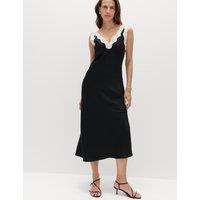 M&S Satin V-Neck Lace Insert Midi Slip Dress Black Mix