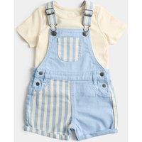 M&S 2 Piece Pure Cotton Dungarees Outfit (0-3 Yrs) Blue Mix