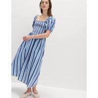 M&S Pure Cotton Striped Shirred Midi Dress Blue Mix