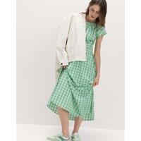 M&S Gingham Puff Sleeve Midi Waisted Dress Green Mix