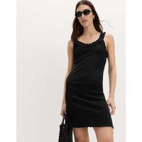 M&S Cotton Rich Ribbed Ruffle Mini Slip Dress Black