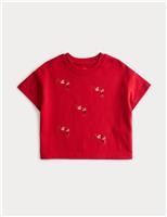 M&S Pure Cotton Embroidered Shrimp T-Shirt (2-8 Yrs) Red