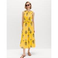 M&S Pure Cotton Floral Midi Waisted Dress Yellow Mix