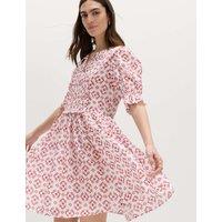 M&S Cotton Rich Printed Mini Waisted Dress Pink Mix