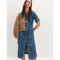 M&S Denim Button Through Midi Waisted Dress Medium Indigo