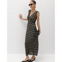 M&S V-Neck Frill Sleeve Midi Tea Dress Black Mix