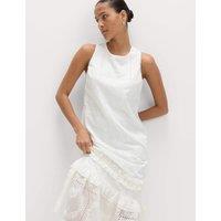 M&S Lyocell Rich Broderie Midi Tiered Dress Ivory